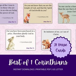 May include: A collection of 21 verse cards from 1 Corinthians, featuring watercolor illustrations of animals like a fox, deer, and squirrel. Each card displays a Bible verse and is labeled with the book and chapter.