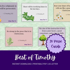 May include: A collection of 28 verse cards from the book of Timothy, featuring inspirational quotes and watercolor illustrations of plants and flowers. The cards are designed with a soft color palette and the text "Best of Timothy".