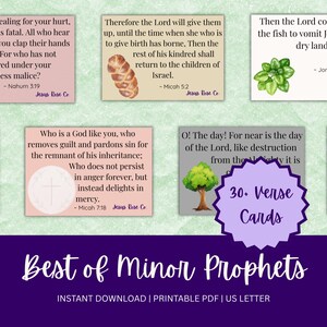 Könnte beinhalten: Eine Sammlung von 30 Verskarten mit Zitaten aus den Kleinen Propheten der Bibel. Jede Karte zeigt Text, Illustrationen und die Bibelstelle. Die Karten sind auf einem hellgrünen Hintergrund angeordnet, mit einem lila Banner mit der Aufschrift "Best of Minor Prophets".