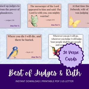 Puede incluir: Un conjunto de 20 tarjetas de versículos con ilustraciones de acuarela de mariposas, pájaros y un colibrí. Cada tarjeta muestra un versículo bíblico de Jueces y Rut, con el texto "Best of Judges & Ruth" en la parte inferior.