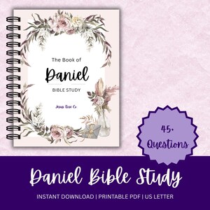 May include: A spiral-bound Bible study guide titled "The Book of Daniel." The cover features floral illustrations and the text "Daniel Bible Study." A purple starburst graphic indicates "45+ Questions."