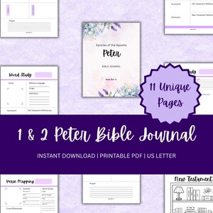 May include: Printable 1 & 2 Peter Bible Journal with 11 unique pages. The cover features a watercolor design with lavender flowers and the title "Epistles of the Apostle Peter Bible Journal".