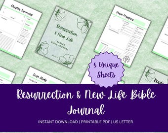 Könnte beinhalten: Druckbare Bibel-Journal-Seiten mit hellgrünem Hintergrund. Das Journal-Cover trägt die Aufschrift "Resurrection & New Life" mit floralen Illustrationen. Das Bild zeigt auch den Text "5 Unique Sheets".