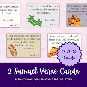 May include: A collection of 19 verse cards from 2 Samuel, featuring Bible verses with watercolor illustrations of herbs, bread, pie, and a hedgehog. The cards are on a purple background.