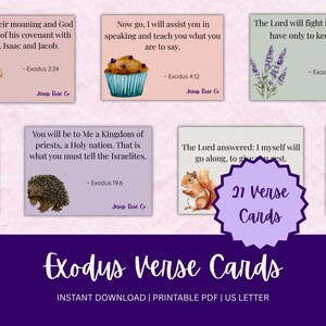 Könnte beinhalten: Ein Set von 27 Exodus-Verskarten mit Bibelversen aus dem Buch Exodus und Aquarellillustrationen, darunter ein Cupcake, ein Eichhörnchen und ein Baum. Die Karten sind als Sofort-Download im druckbaren PDF-Format erhältlich.