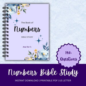 May include: A spiral-bound Bible study guide titled "The Book of Numbers" with floral accents. The cover is light purple with the title in large, elegant script. A purple banner at the bottom reads "Numbers Bible Study". A badge indicates "140+ Questions".