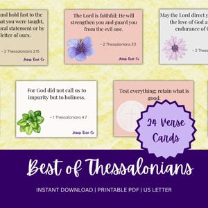 May include: A collection of 24 verse cards from the book of Thessalonians, featuring floral illustrations and scripture quotes. The cards are arranged on a yellow background with a purple banner that reads "Best of Thessalonians".