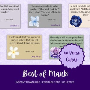 May include: A collection of rectangular verse cards featuring biblical quotes from the Gospel of Mark, each decorated with a unique floral illustration. The cards include text such as Mark 10:9, Mark 6:24, and Mark 5:41, alongside a purple badge stating 40 Verse Cards.