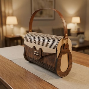 Può includere: Borsa in legno con manico e dettagli in pelle marrone. La borsa presenta una parte superiore a doghe di colore chiaro e un corpo in legno più scuro con chiusura decorativa. La borsa è appoggiata su una superficie di colore neutro.