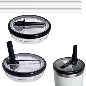May include: Clear plastic tumbler lids with black detailing and a black straw. The lids feature a black rim and a sliding mechanism for opening and closing the drinking hole. Two white plastic straws are also included.