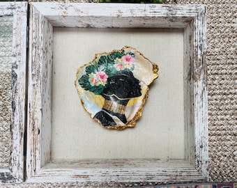 Decoupage Oyster Shell Art, Queen with Flower Crown, Gold Edged, Shadow Box Option
