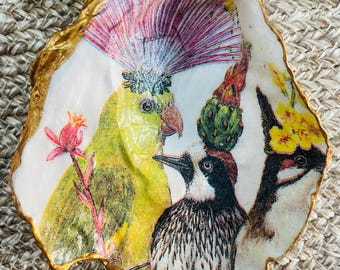 Quirky Birds with Flower Hats Decoupage Shell