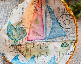 Decoupage Oyster Shell Trinket Dish: Pink and Sailboat with Bird Children’s Room Decor