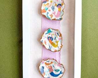 Mermaids, 3 Framed Oysters, Children's Coastal Decor, Whimsical, Pink, Yellow, Blue Wall Hanging