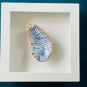Blue and White Fern Decoupage Oyster Shell Coastal Decor, Shadow Box Frame