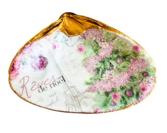 Pink Paris Christmas Clam Shell Dish, Eiffel Tower Floral Decor