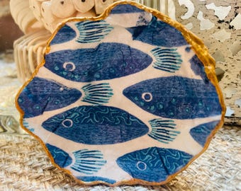 Decoupage Oyster Shell Ring Dish: Coastal Decor, Blue Fish Art