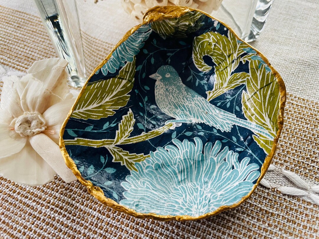 Blue and Green Block Print Bird Decoupage Oyster Shell Art, Unique Gift ...