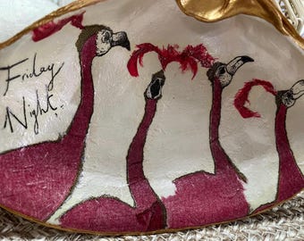 Decoupage Clam Shell Ring Dish: Friday Night Flamingos Shell Art