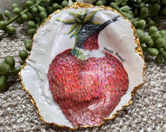 Decoupage Oyster Shell Art: Bird in Strawberry, Coastal Decor