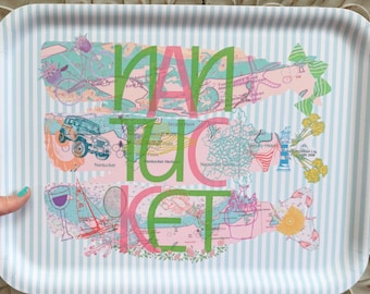 Nantucket Whales Tray | ACK-eilandpictogrammen | Preppy Coastal roze, oranje, blauw | Berkenhout en melamine | zomervermaak