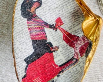 Dachshund on Scooter Decoupage Shell: Humorous Dog Art