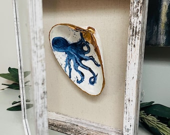 Blue Octopus Decoupage Clam Shell in Shadow box, Wall Art, Coastal Beach Decor, Shell Art, Unique Gift