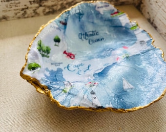 Cape Cod Decoupage Oyster Shell in 8x8 Shadow Box Frame, Coastal Beach Decor, Unique Gift, Oyster Shell Art