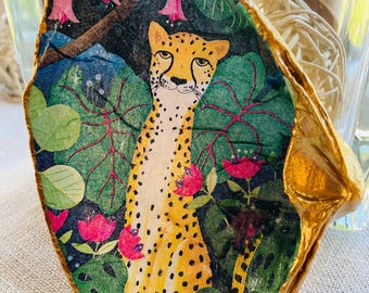 Cheetah Decoupage Clam Shell Trinket Dish - Tropical Decor, Coastal Gift