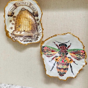 Puede incluir: Dos platos decorativos de concha de ostra. Uno presenta un gráfico de colmena con el texto "THE HONEY BEE". El otro muestra una colorida ilustración de abeja. Ambos tienen bordes dorados y están sobre un fondo neutro.