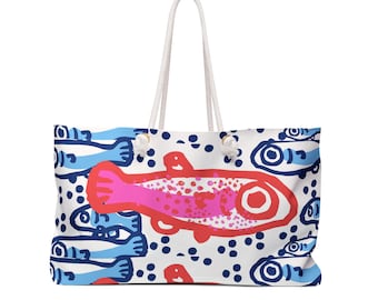 Colorful Fish Pattern Weekender Bag | Large Marine Print Travel Tote