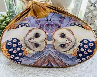 Owl Couple in Vibrant Purple and Navy Autumn Colors | Shell Decoupage Bowl