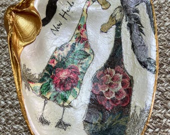 Whimsical Birds Nice Hairdo | Extra Large Decoupage Clam Shell
