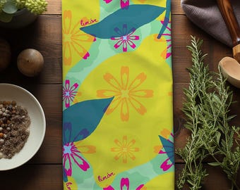Retro Lemon Floral Tea Towel | Bright Citrus Kitchen Linen | Latin American Inspired | Coastal