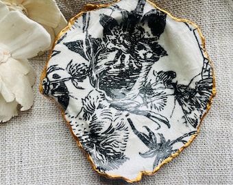 Gothic Flower Decoupage Oyster Shell: Handmade Jewelry Dish, Shell Art