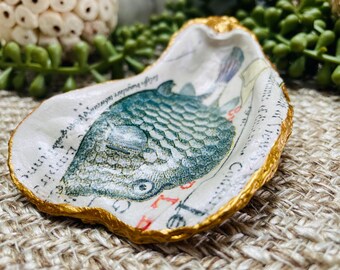 Decoupage Oyster Shell, Seafoam Fish, Gold Trim Coastal Decor