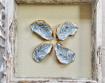 Set of 4 Blue and White Fern Decoupage Oyster Shells in 11x11 Shadow Box Frame, Coastal Beach Decor, Unique Gift, Ocean Shell Art