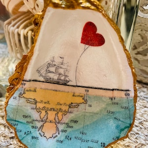 Carta náutica de gran velero Boston, Nueva York, globo con forma de corazón, decoupage, concha de ostra, opción de marco, regalo único, decoración artística costera, regalo de boda