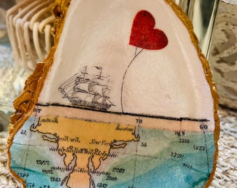 Nautical Chart Tall Ship Boston New York Heart Balloon Decoupage Oyster Shell, Frame option, Unique Gift, Coastal art decor, Nautical