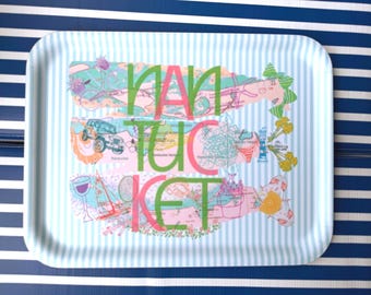 Nantucket Whales Tray | ACK Island Icons | Preppy Coastal pink, orange, blue | Birchwood and Melamine | summer entertaining