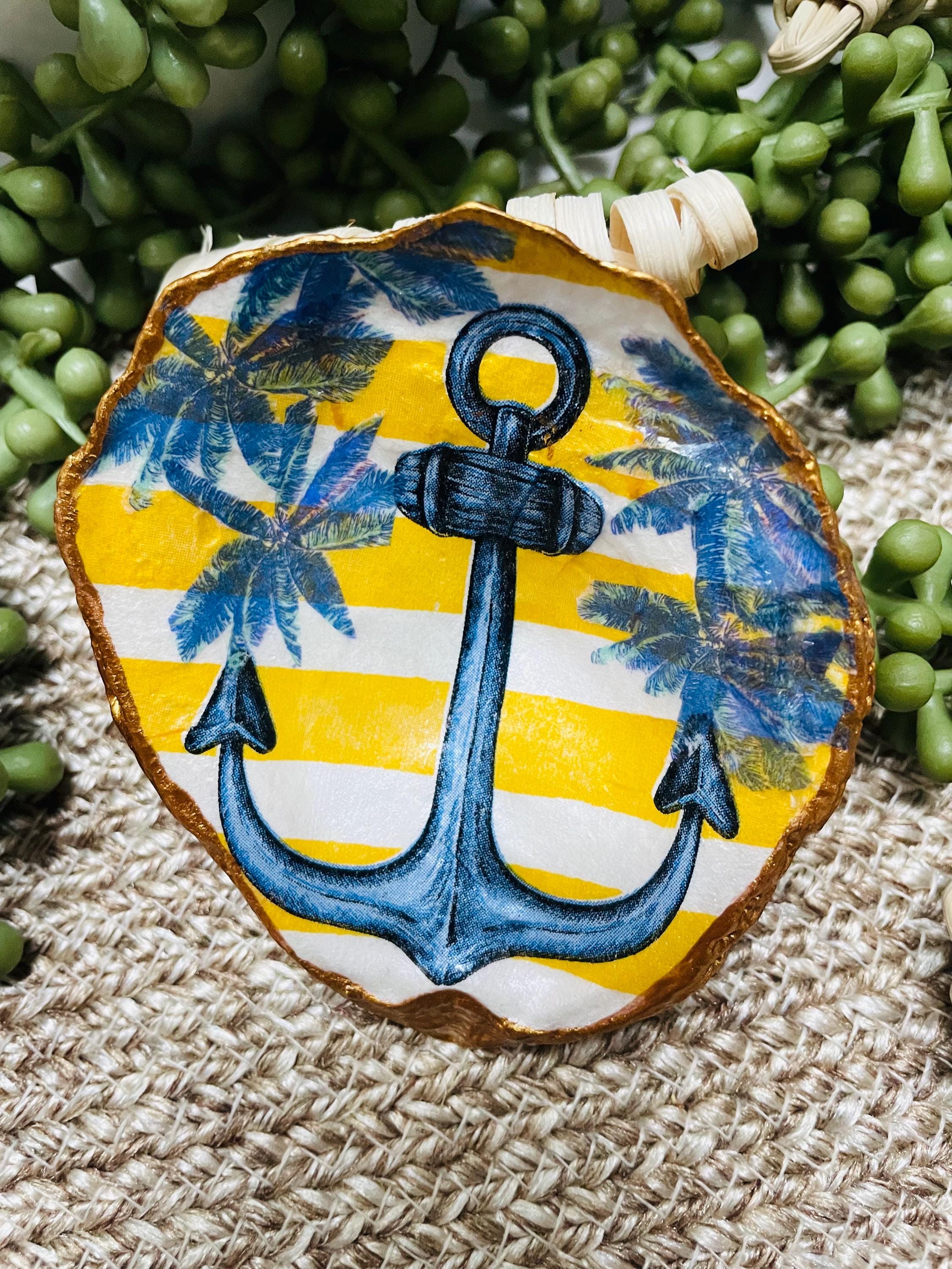 Nautical Anchor and Palm Trees Decoupage Oyster Shell Art, Display, Unique Gift, Birthday, Coastal Art, Beach Decor