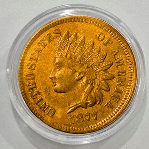 May include: A gold-colored 1877 Indian Head penny coin, encased in a clear protective holder. The coin features a profile of a Native American in a feathered headdress and the words "UNITED STATES OF AMERICA".