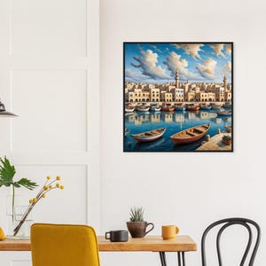 Schiff Kunst Marina Art-Deco-Interieur Dorf Kunst Hafen Wandkunst Cartoon Fischerboot Kunstdruck Schiff Gemälde Altstadt Port Bild