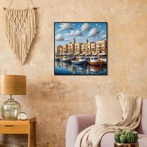 Schiff Kunst Marina Art-Deco-Interieur Dorf Kunst Hafen Wandkunst Cartoon Fischerboot Kunstdruck Schiff Gemälde Altstadt Port Bild