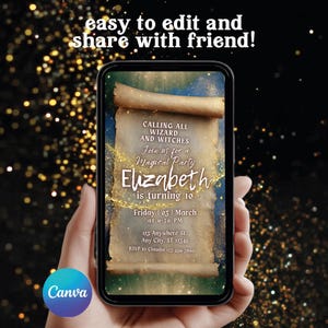 May include: A digital invitation displayed on a smartphone screen featuring a parchment scroll design with gold glitter accents. The text reads: Calling all wizard and witches, join us for a magical party, Elizabeth is turning 10, Friday 03 March.
