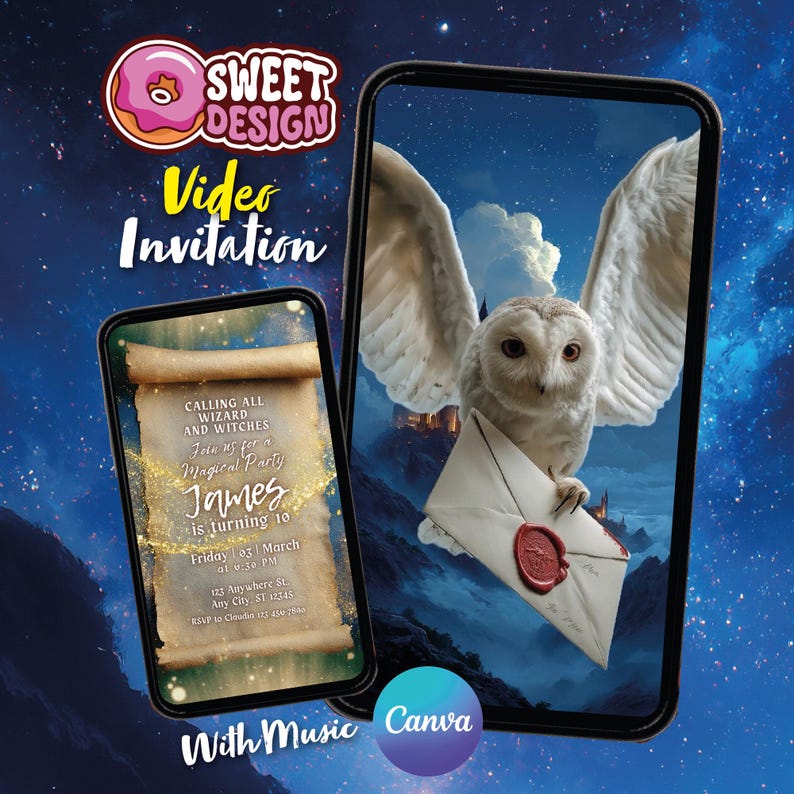 May include: A digital video invitation template featuring a white owl carrying a sealed envelope on a starry background. The invitation text reads: Calling all wizard and witches, Join us for a magical party, James is turning 10, Friday 03 March.