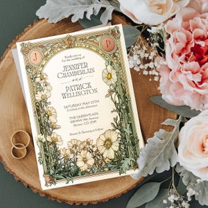 Hochzeitsset, bearbeitbare Vintage-Hochzeits-Einladungsvorlage im Jugendstil von Mucha Klassisch Anpassbare Retro-Einladung Art-Deco-Thema Belle Epoque