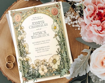 Puede incluir: Una invitación de boda con un diseño floral en tonos verdes, amarillos y blancos. La invitación incluye los nombres Jennifer Chamberlain y Patrick Wellington, la fecha sábado 23 de mayo y la ubicación The Queen Plaza, 1200 NW 34th Avenue, Denver, CO. 12345.