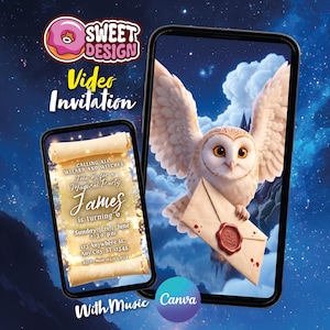 May include: A digital video invitation template featuring a white owl carrying a sealed envelope against a starry night sky. The invitation text reads: Calling all wizard and witches, Join us for a Magical Party, James is turning 6, Sunday 21 June 2:30 pm, 123 Anywhere St, Any City, ST 12345.