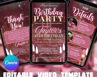 Pink Birthday Dinner Invitation: Elegant Animated Template (Digital)